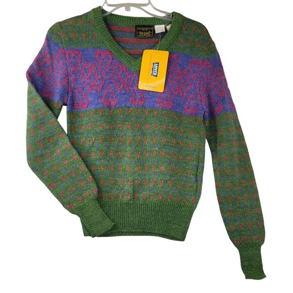 Vintage 80s Levis Juniors V-Neck Knit Sweater Heart Pattern Medium Deadstock New - Picture 1 of 11